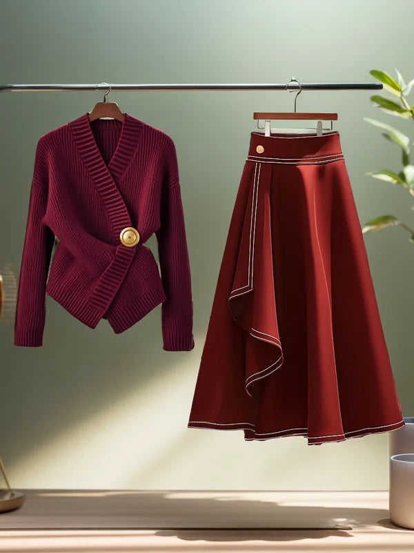 Red Knitted Sweater & Long Skirt Set