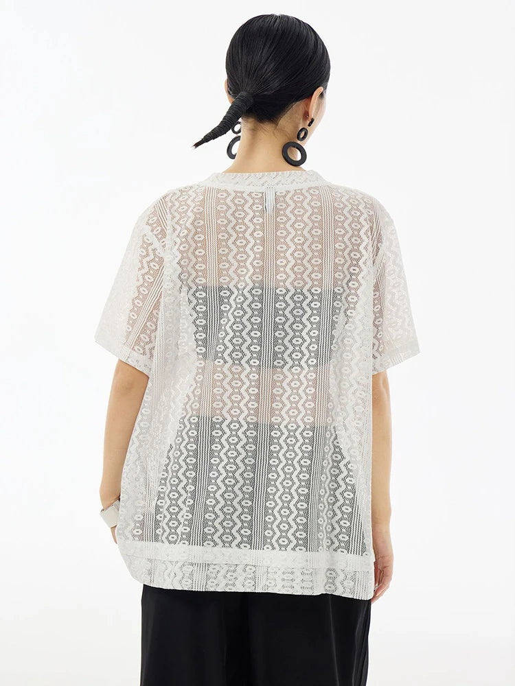 Women White Lace Perspecvtive Big Size Thin T-shirt New Round Neck Short Sleeve Fashion Tide Spring Summer 2024