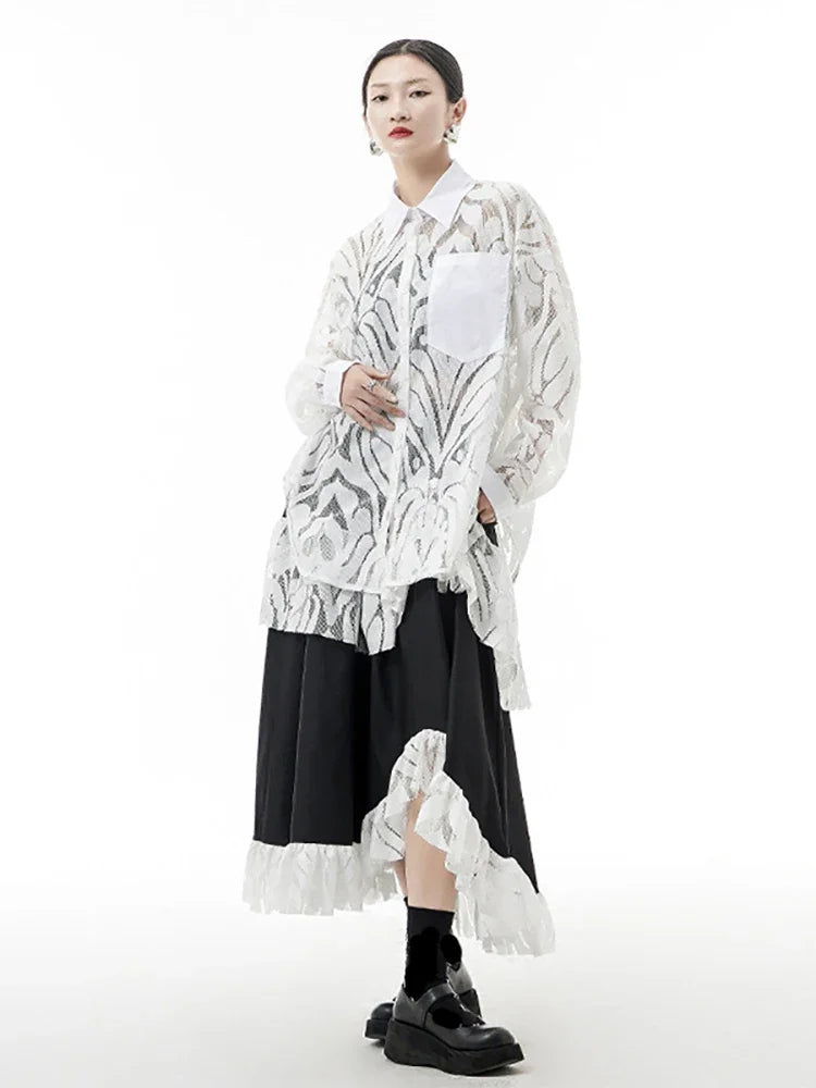 Solid Color Lace Shirt Hollow Out Perspective Long Sleeve Temperament Turn-down Collar Loose Fashion Splicing Hem