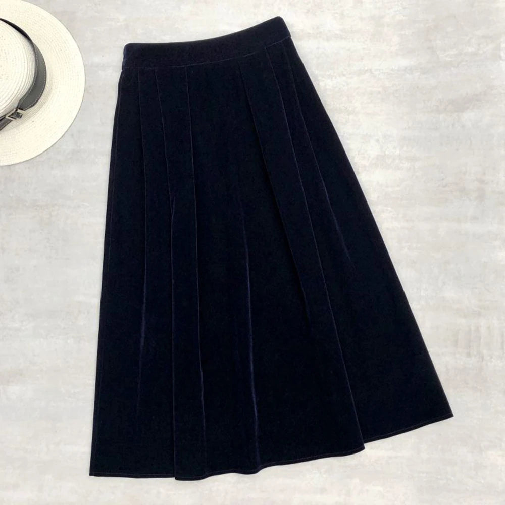 Korean Solid Color Velvet Skirts High Waist Women's Autumn Winter Skirts Pockets Side A Line Pleated Skirts