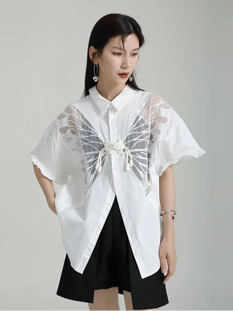 A Butterfly White Short Sleeved Shirt On Both Sides For Women's 2024 Summer New Design With Sense Of Niche Fashion