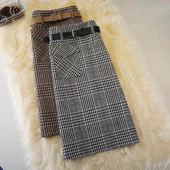 Autumn Blend Plaid A-line Long Skirts Belt Back Split Temperament Khaki Black Check Calf Long Winter Skirts