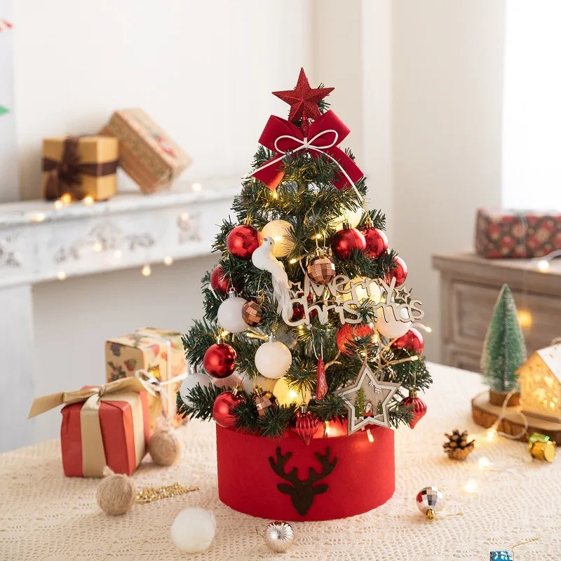 45/60cm Mini Christmas Tree With Lights DIY Desktop Golden Red Christmas Decorations 2024 New Year Home Party Windows Ornaments