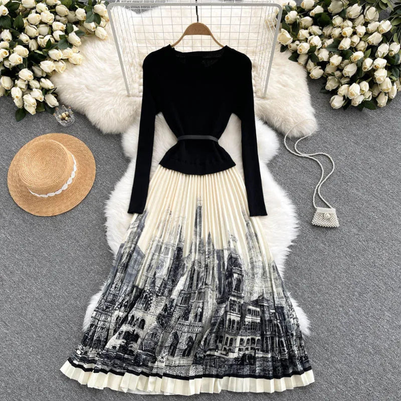 French Style Autumn Winter Inside Dress Fashion Belt Women's Waist Slim A-Line Ink Print Patchwork Knitted Pleated Skirt