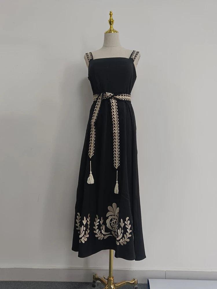 Elegant Embroidery Spliced Belt Dress For Women - Trendy Mix