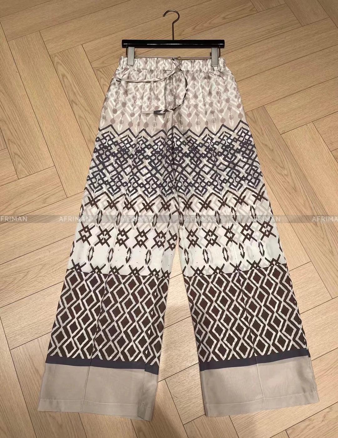 Geometric Silk Elegance: Sleeveless Vest & Wide-Leg Pants Set - Trendy Mix