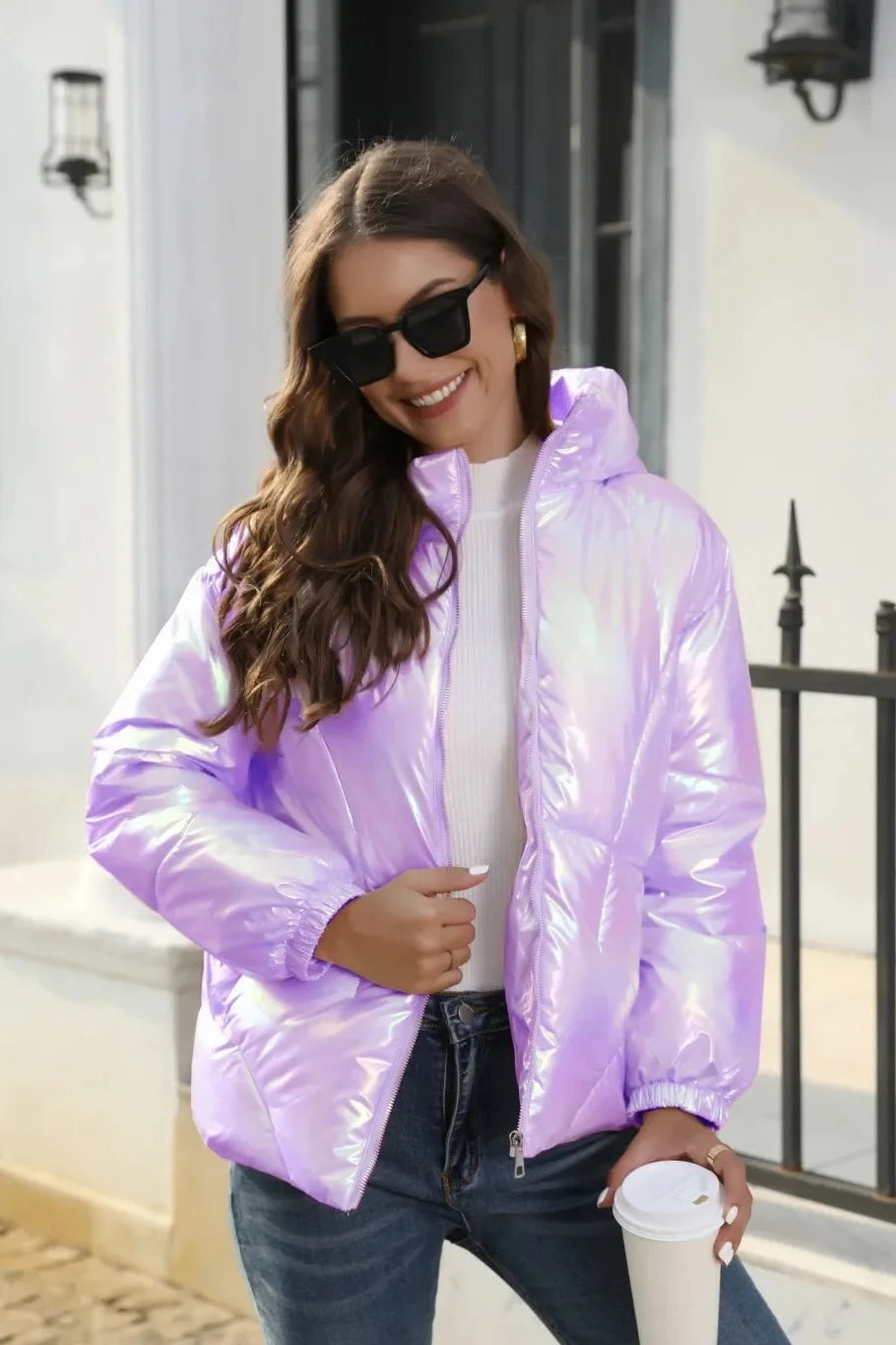 Women Winter Shiny Parkas Hooded Puffy Bread Jacket Ladies Purple Blue Colorful Cotton Coat Warm Loose Parkas Streetwear S-XXL