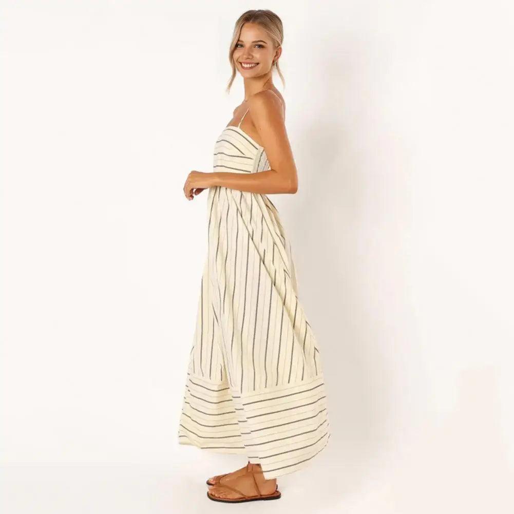 Chic Striped Backless Maxi Sundress with A-line Silhouette for Summer Beach Getaways - Trendy Mix