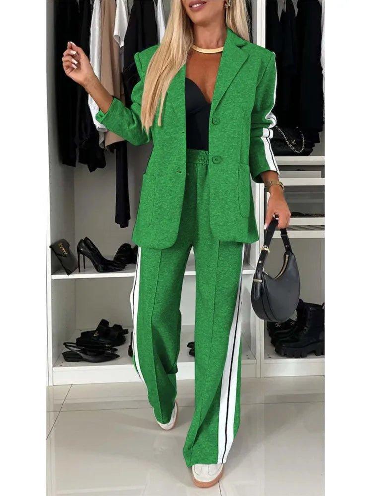 2 Piece Set Women Outfit Winter Fall Fashion V - neck Long Sleeve Blazer Coat Elegant Straight Leg Pant Set Women Sports Clothing - Trendy Mix