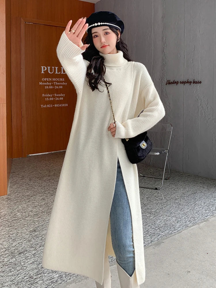 High Neck Split Knitted Pullover Mid Length Long Sleeves Solid Color Fashion Streetwear Clothing Autumn Winter