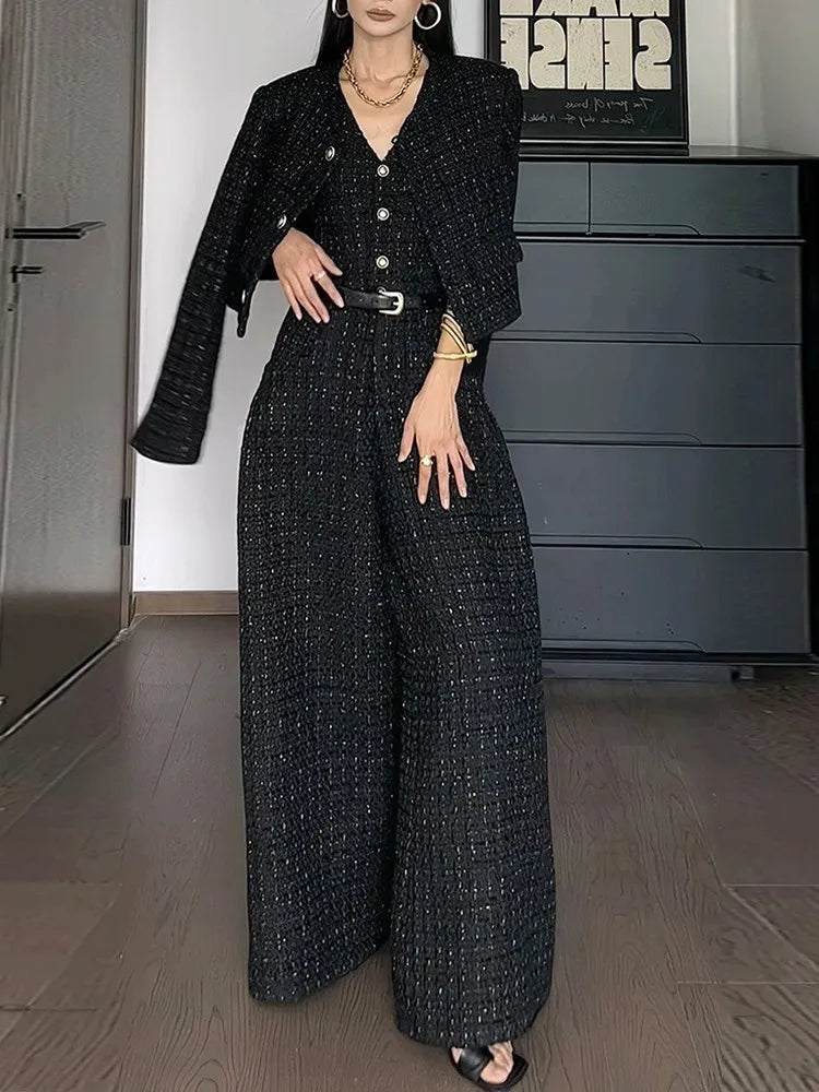 Casual Two Piece Set For Women Clothing Round Neck Coat V Neck Sleeveless High Waist Jumpsuit Chic Sets Female Fashion New