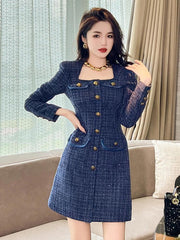 Elegant Retro Blue Tweed Mini Dress