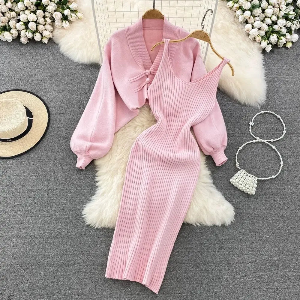 Solid Color Knitwear Set Lace up New Chinese Knitted Cardigan Women Sweater Coat Camisole Dress Two Piece Set Women Outfits