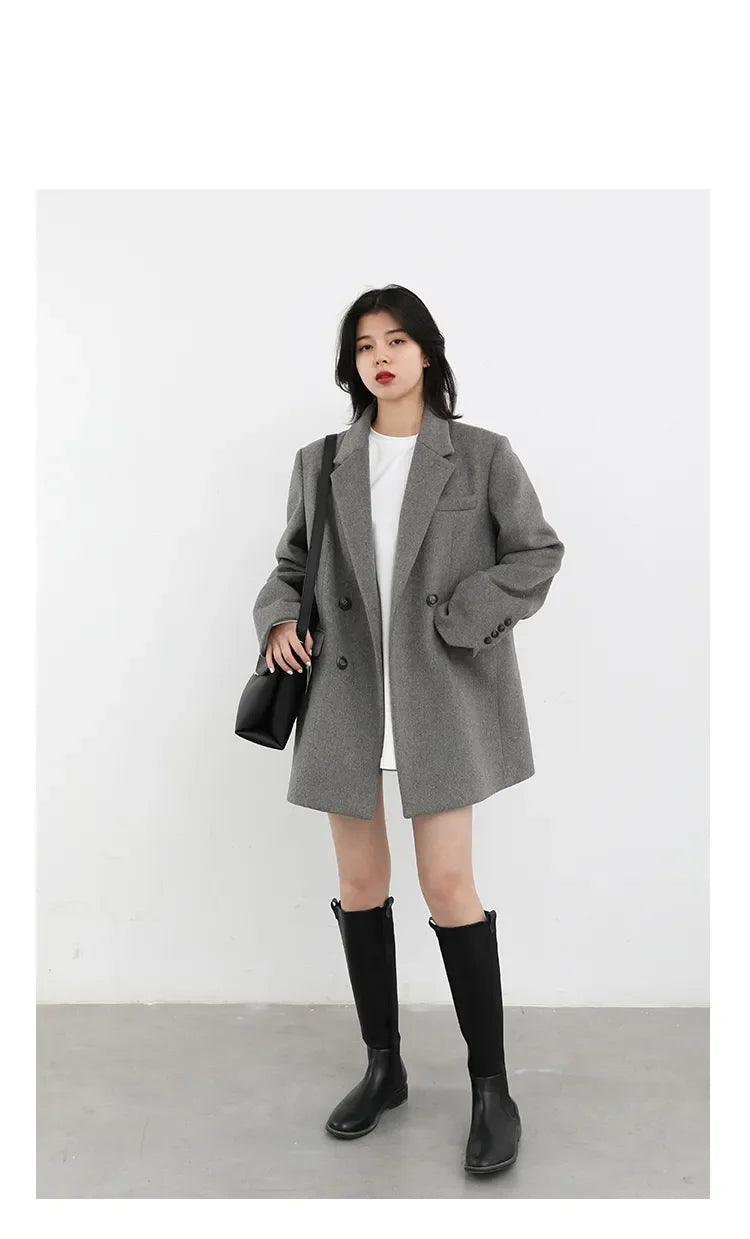 Chic Ven: 2024 Mid-Length Wool Blend Blazer Coat