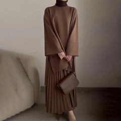 2 Pieces/set Fall Spring Female Retro Slip Dress Set Crew Collar Long Sleeve Pleated A Line Loose Skirt Set