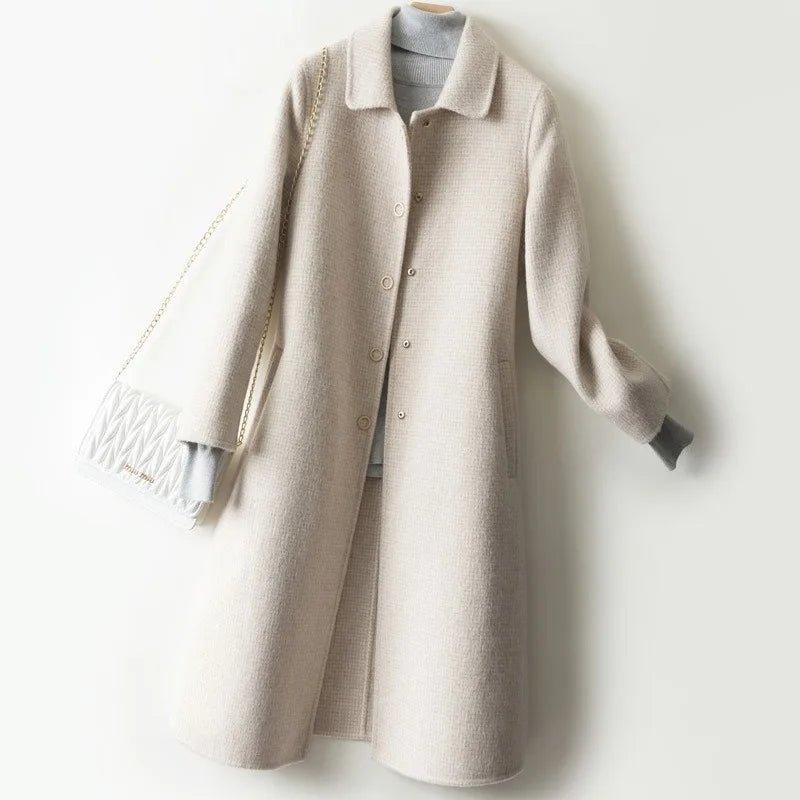 2024 Autumn Winter Temperament Commuter Fashion Loose Pure Color Slim Waist Woolen Double - sided Long Woolen Coat Woman - Trendy Mix