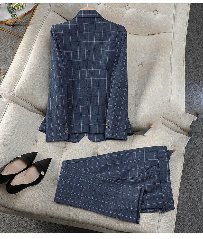 Elegant Office Suits for Women Long Sleeve Plaid Lapel Single Button Pockets Slim Pant New Pattern