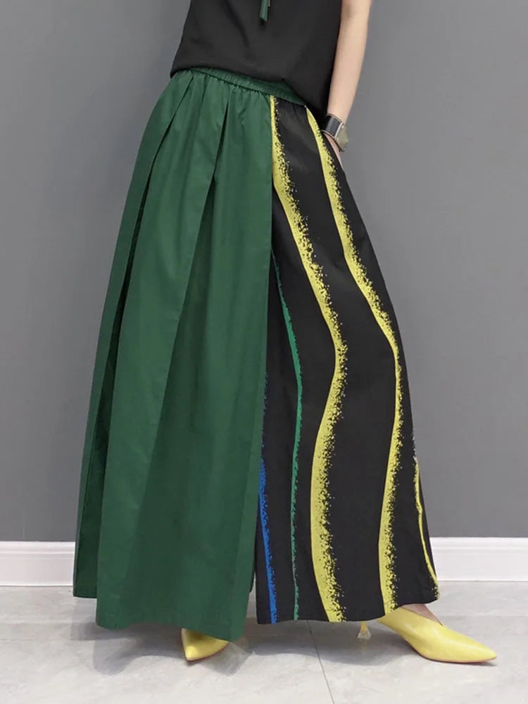 Women Black Striped Color-block Wide Leg Pants High Elastic Waist New Loose Trousers Fashion Spring Autumn 2024