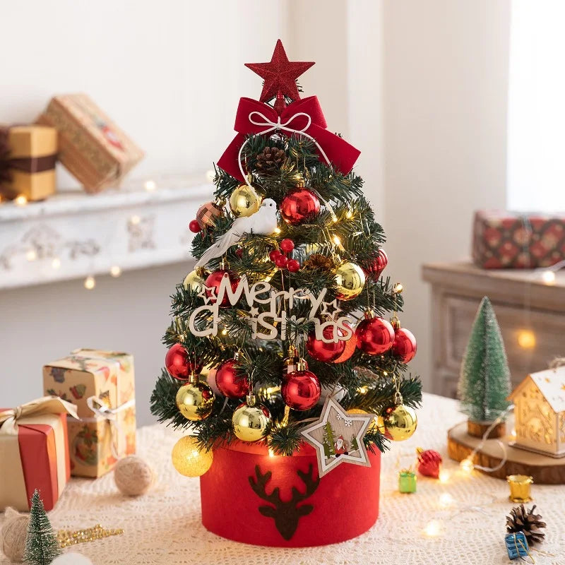 45/60cm Mini Christmas Tree With Lights DIY Desktop Golden Red Christmas Decorations 2024 New Year Home Party Windows Ornaments