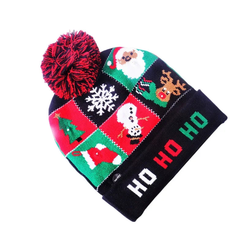 2025 Christmas Hat Santa Claus Hat LED Illuminated Cartoon Pattern Christmas Decorative Knitted Brimless Hat New Year Gift