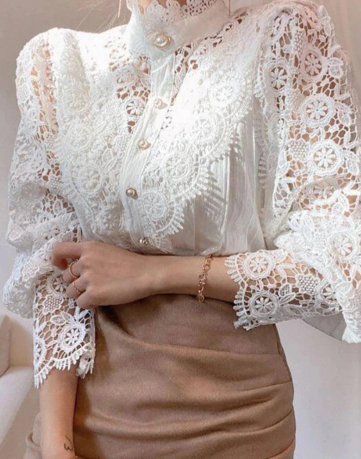 Chic Lace Collar Puff Sleeve Blouse - Trendy Mix