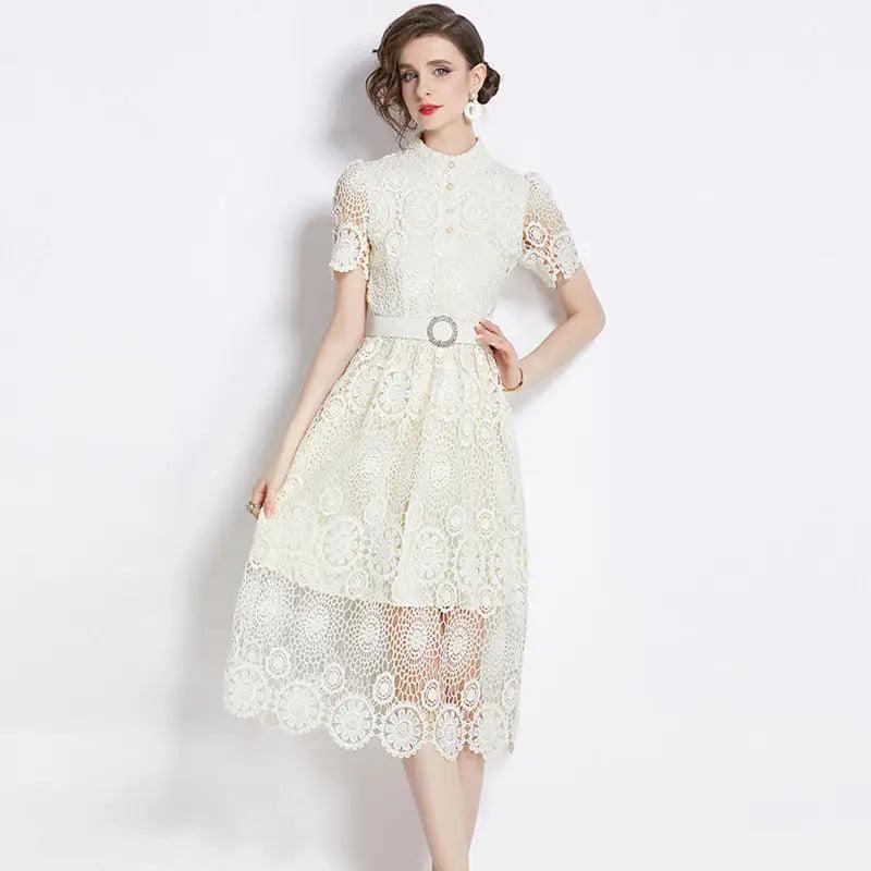 A- Line Crocheted Hollow Lace Dress - Trendy Mix