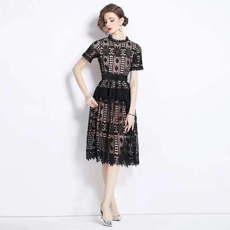 A- Line Crocheted Hollow Lace Dress - Trendy Mix