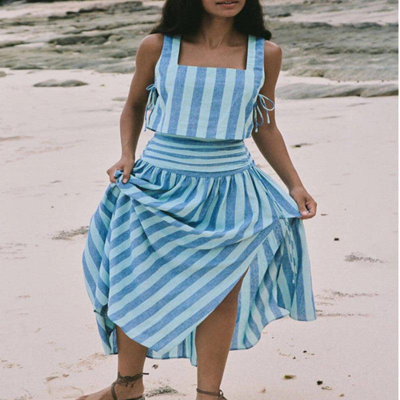 Blue Striped Retro Elegant Slimming Style Large Swing Skirt - Trendy Mix