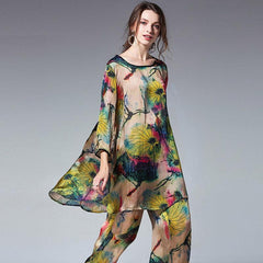 Loose Printed Lotus Satin Silk Suit Crew Neck - Trendy Mix