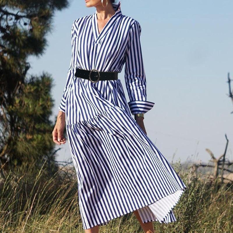 Women's Long-sleeved V-neck Midi Striped Dress - Trendy Mix