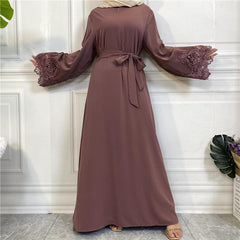 Floral Lace Elegance: Solid Color Hijab Dress - Trendy Mix