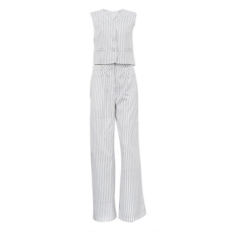 Striped Elegance: Women's Sleeveless Vest and Trousers Set - Trendy Mix