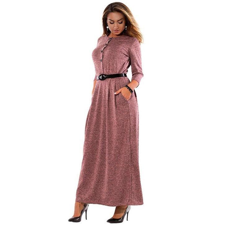 Autumn Clothes Plus Size Women's Clothes Dress Solid Color Long Sleeve High Waist Belt - Trendy Mix