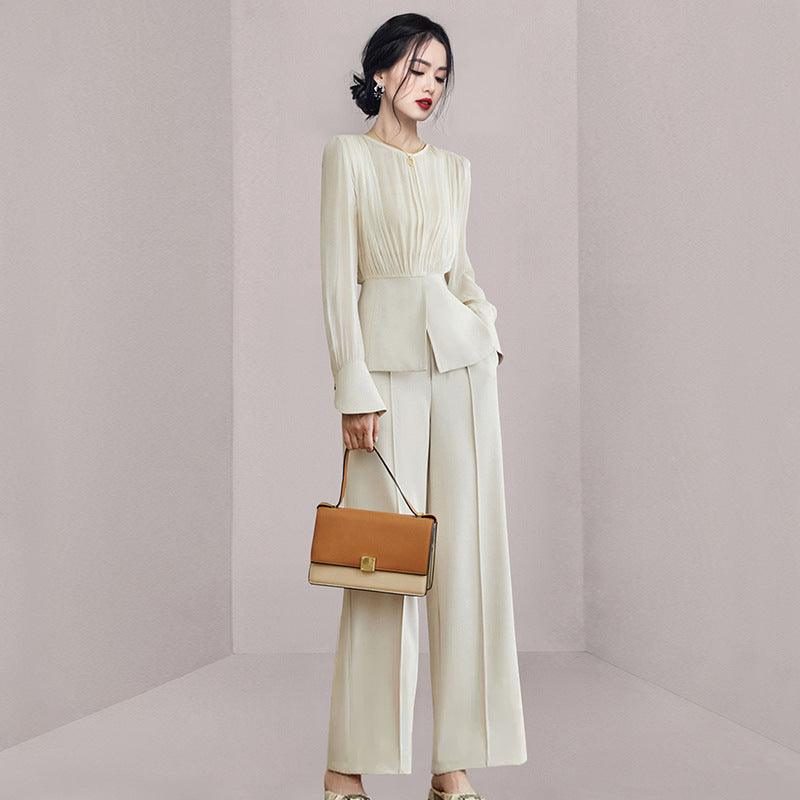 Chic Beige Apricot Long Sleeve Two-Piece Set with Wide-Leg Pants - Trendy Mix