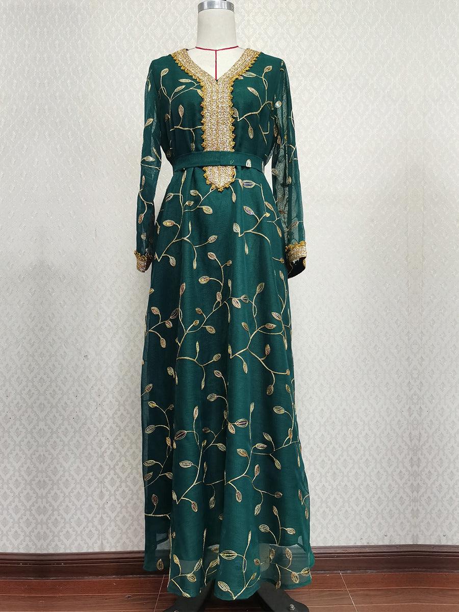 Embroidered Ocean Green Muslim Evening outfit with Belt - Trendy Mix