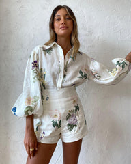 Women's Casual Shirt High Waist Printed Shorts Suit - Trendy Mix