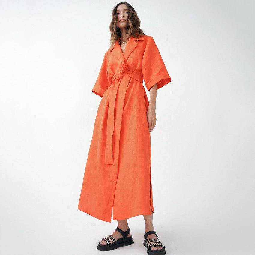 European American Summer New Fashion Casual Women's Solid Color Slit Design A- Line Skirt Tailored Collar Dress - Trendy Mix