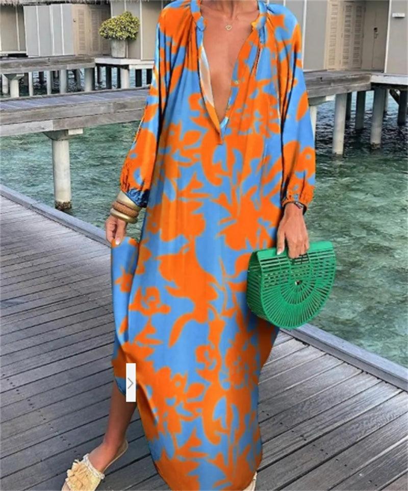 Printed Pullover Long Sleeve V-Neck Swing Loose Long Dress - Trendy Mix