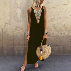 Loose Cotton And Linen Bohemian Sexy Sleeveless V Neck Side Slit Dress Women - Trendy Mix