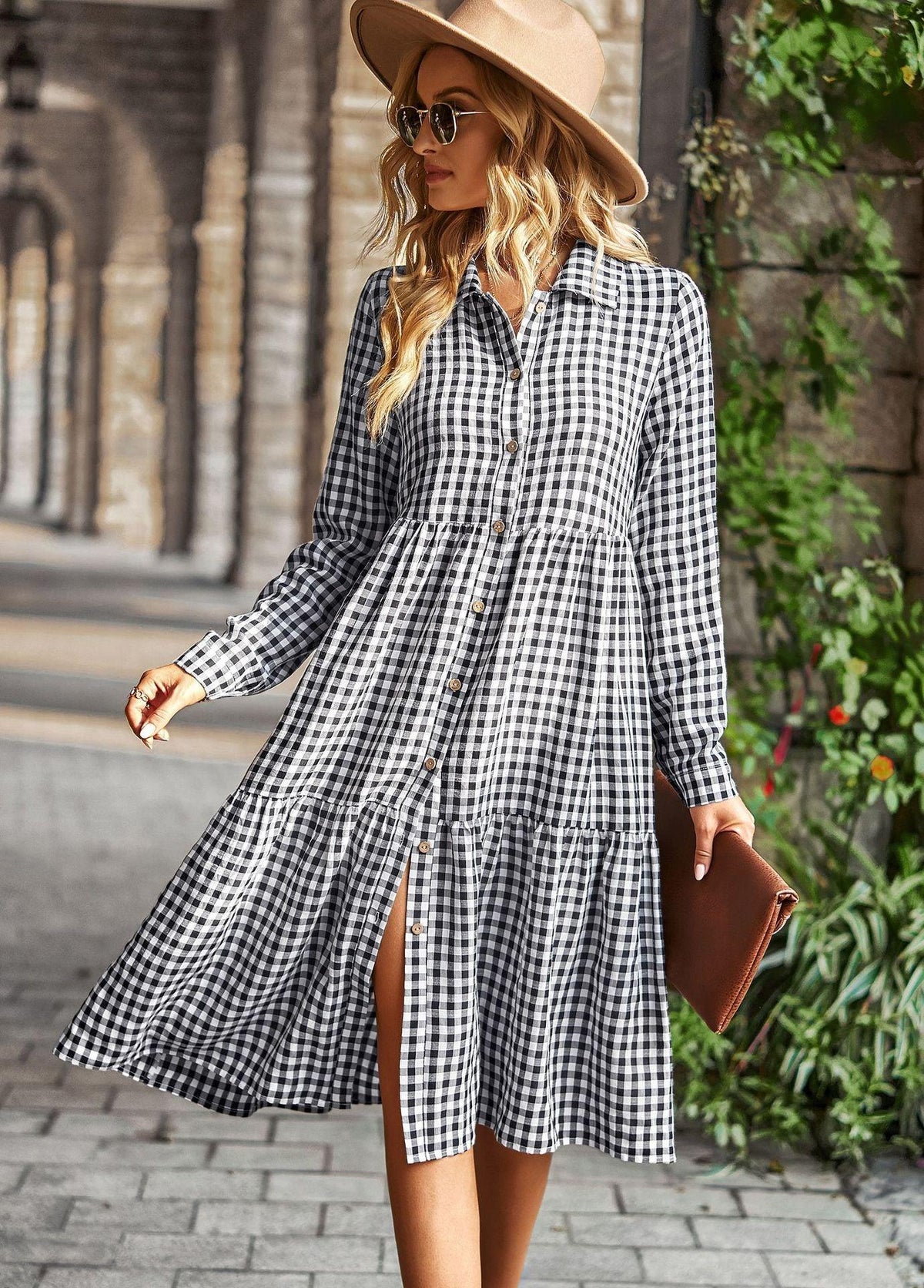 Wide Hem Long Sleeve Dress Plaid Casual Dress - Trendy Mix