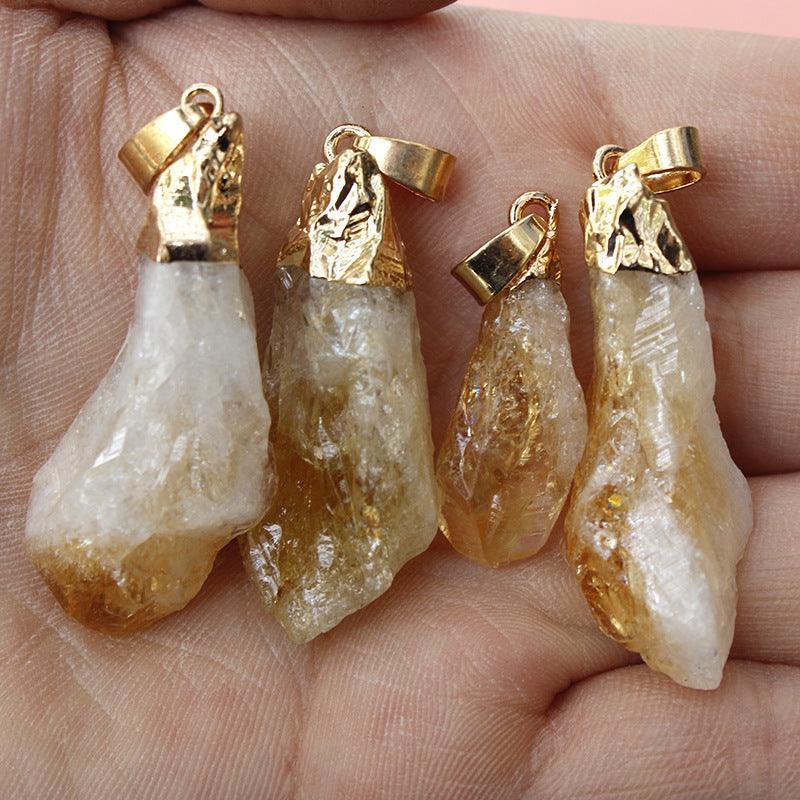 Irregular Natural Brazil Citrine Silver Edge Gold Plated Head Natural Raw Gemstone Necklace Pendant - Trendy Mix