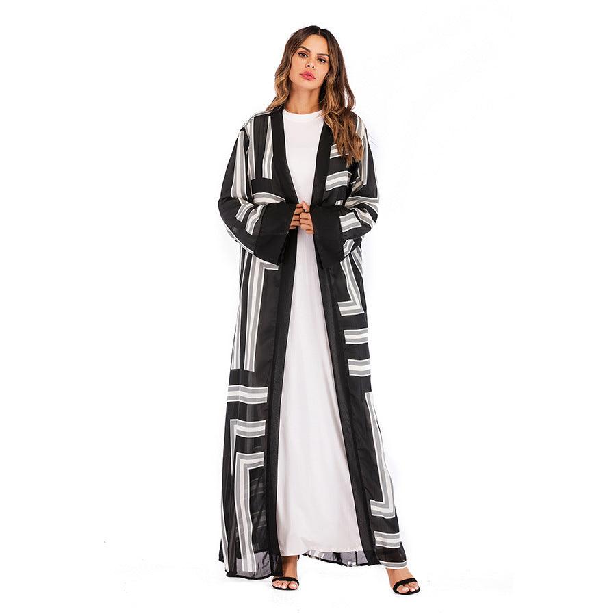 Muslim Checkered Loose Lace Cardigan Robe for Women - Trendy Mix