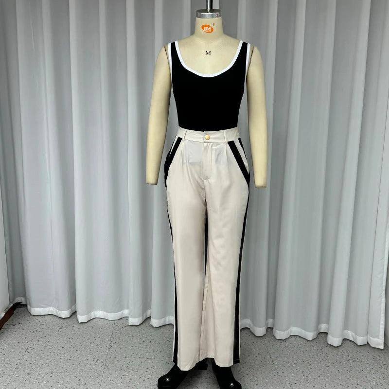 New Contrast Color Suspenders Slim High Waist Trousers Two-piece Set For Women - Trendy Mix