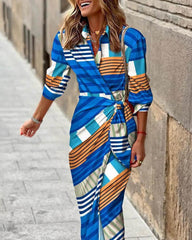 European And American Style Cardigan Lace-up Striped Printed Dress - Trendy Mix