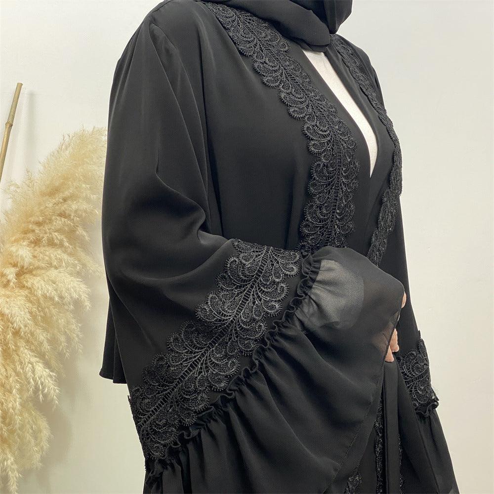 Elegant Black Floral Embroidered Lace-Up Muslim Cardigan Robe - Trendy Mix