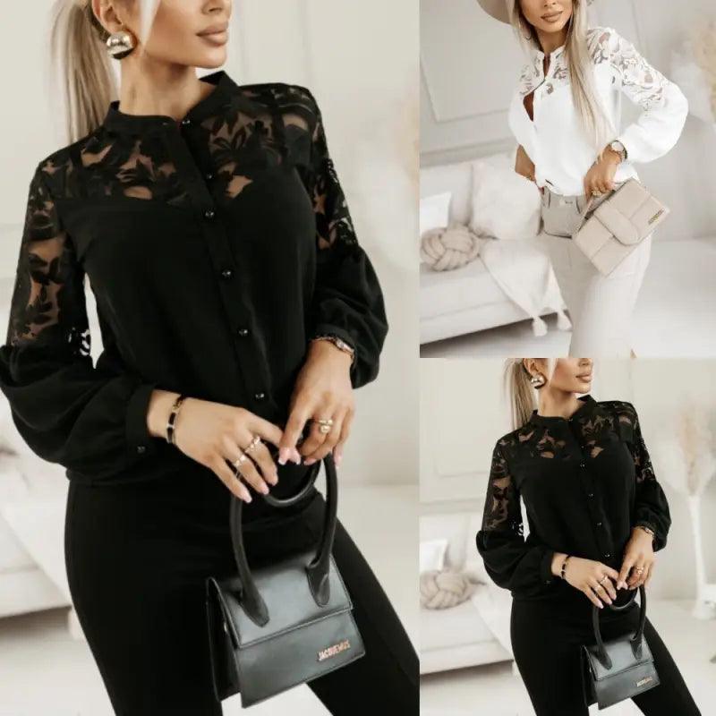 Autumn And Winter New Women’s Solid Color Lace Stitching Shirt - Trendy Mix