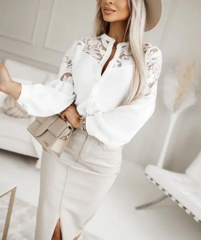 Autumn And Winter New Women’s Solid Color Lace Stitching Shirt - Trendy Mix