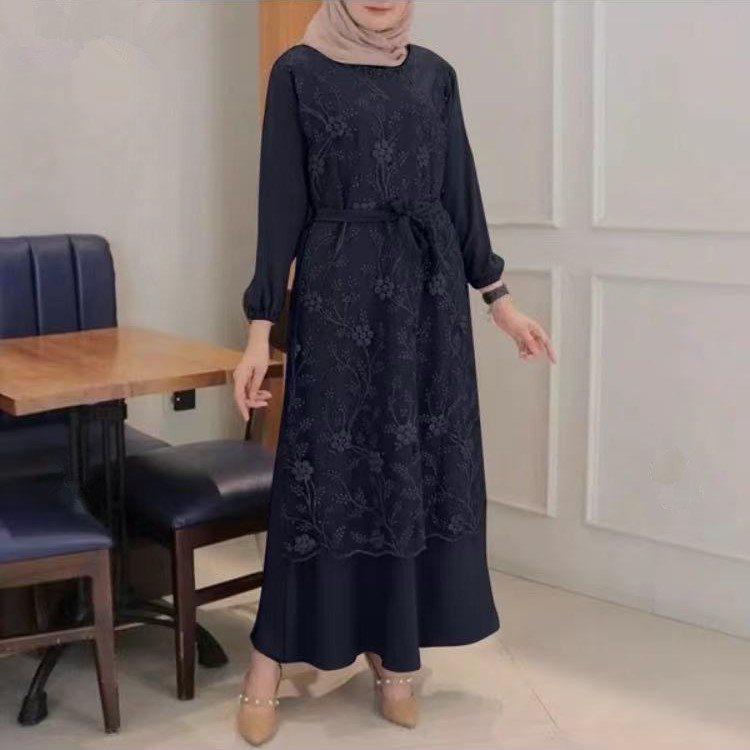 Lace Floral Retro Round Neck outfit for Muslim Women - Trendy Mix