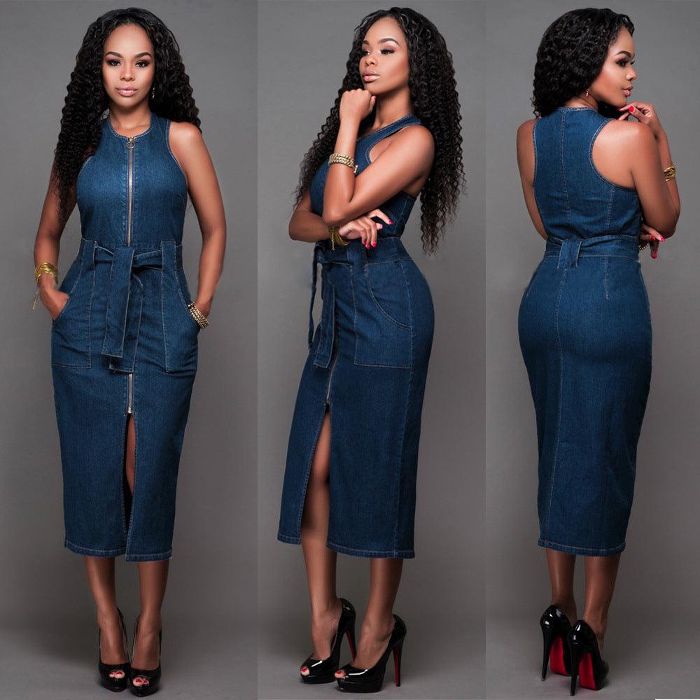 Fashion Sleeveless Denim Slim Dress Midi Skirt - Trendy Mix