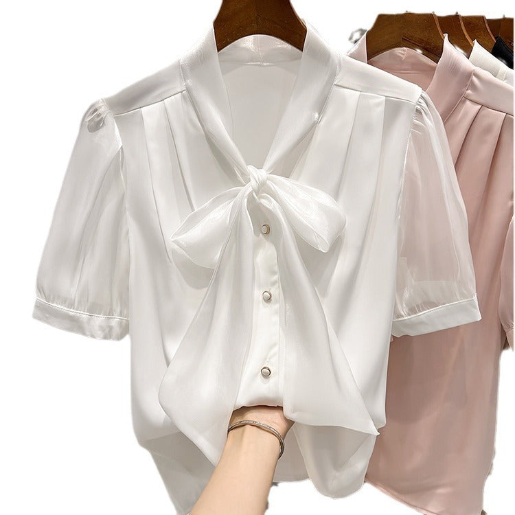 Pure Color Tied Single-breasted Short Sleeve Shirt For Women - Trendy Mix